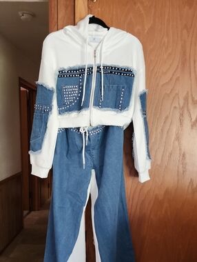 White & Denim Studded Hooded Set